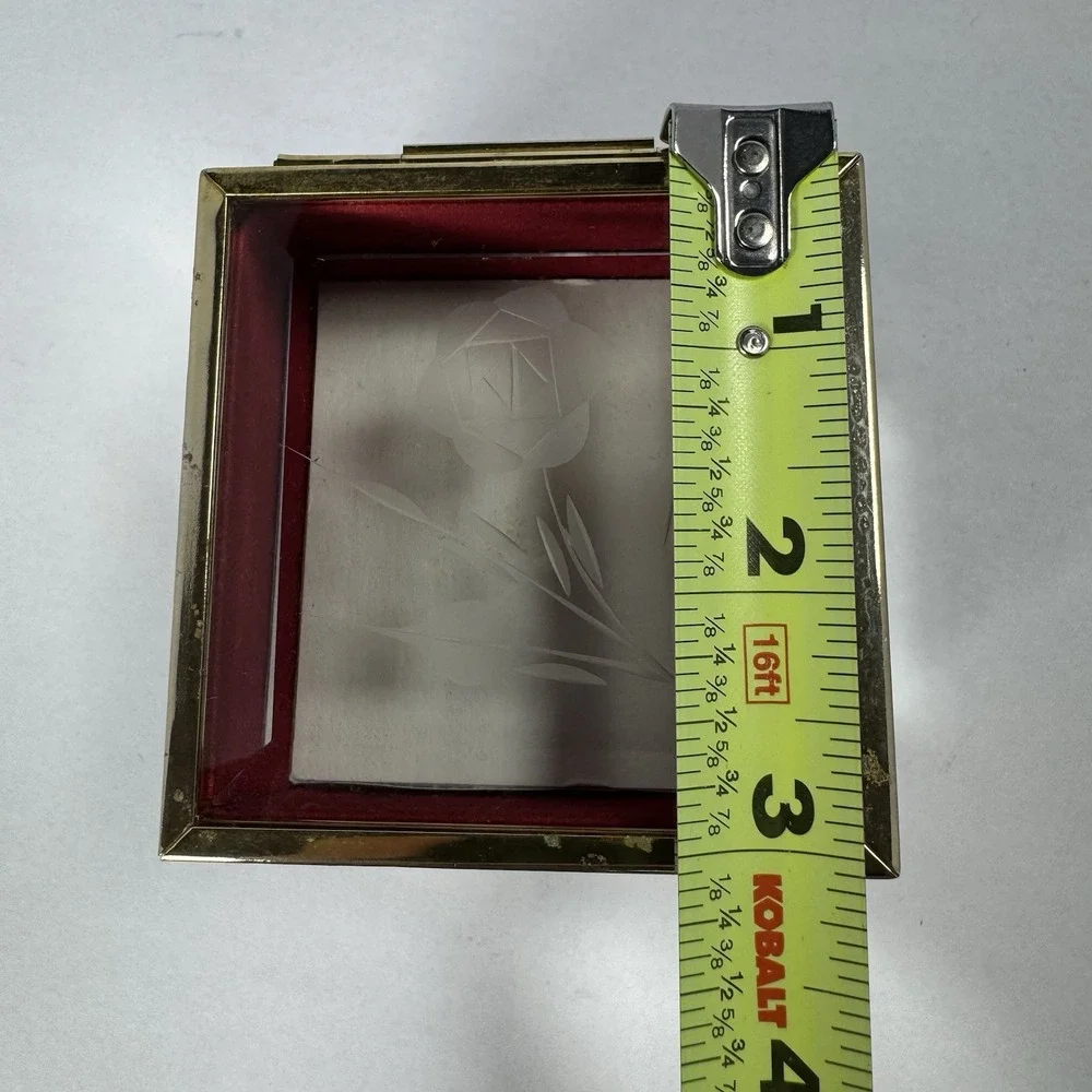 Vintage MELE Beveled Glass Jewelry Trinket Box Etched Rose Red Velvet Taiwan ROC